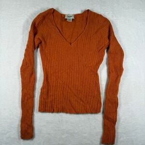Neiman Marcus Exclusive 100% Cashmere Ribbed V-Neck Sweater Burnt Orange Small